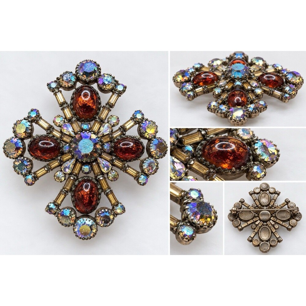 Vintage Amber Cabochon & AB Rhinestone Statement Bro